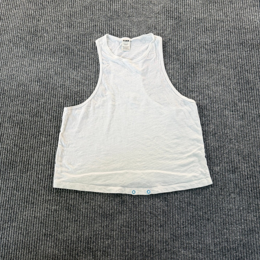 PINK Victoria's Secret Womens XS White Slub Knit Racerback Crop Tank Snap Hem